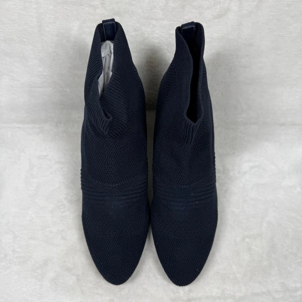 Impo Navy Blue Stretch Knit Sock Bootie Kitten Heel Pointed Toe Memory‎ Foam 7.5